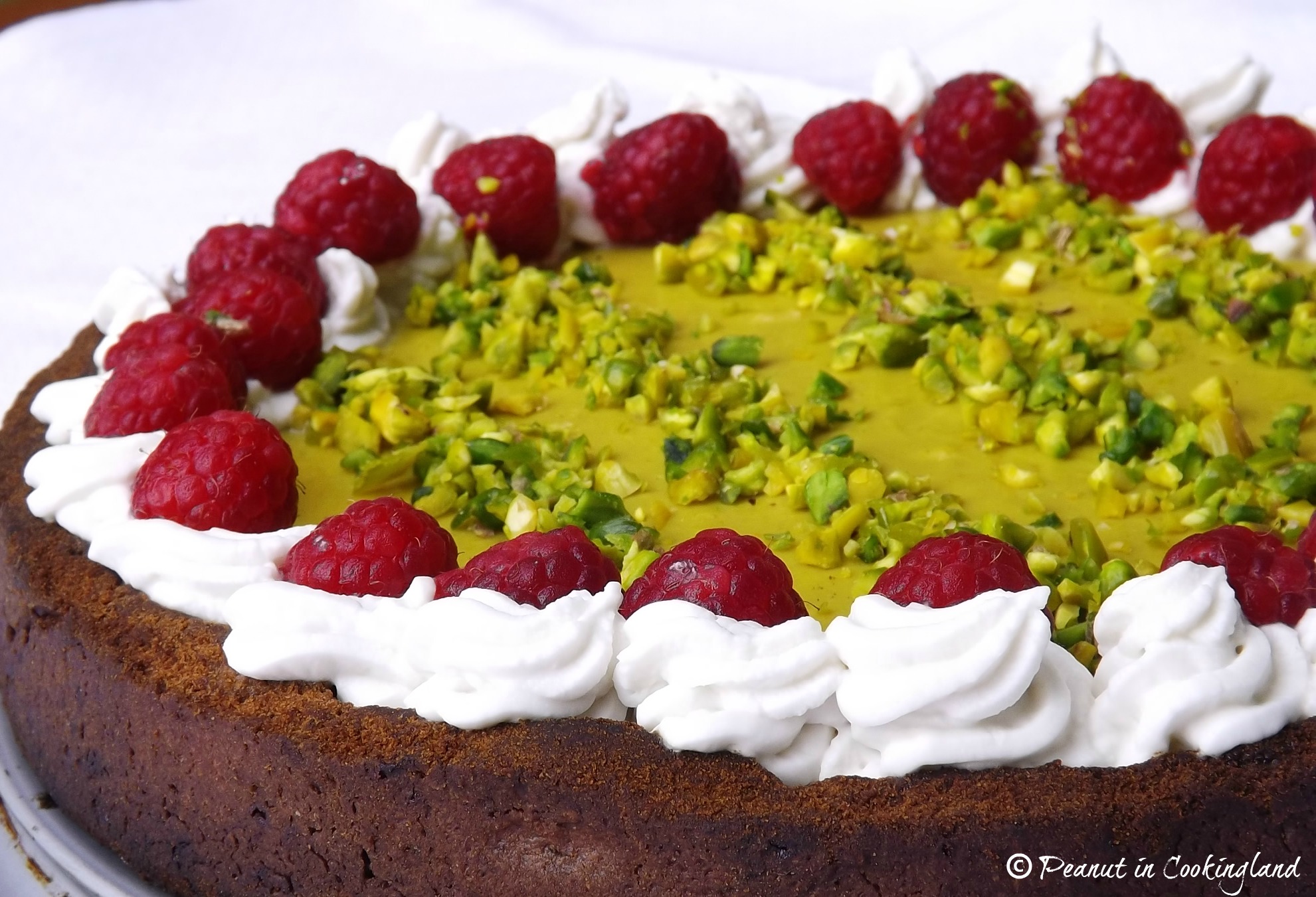 Lemon custard pie wit cacao crust, raspberries and coconut cream