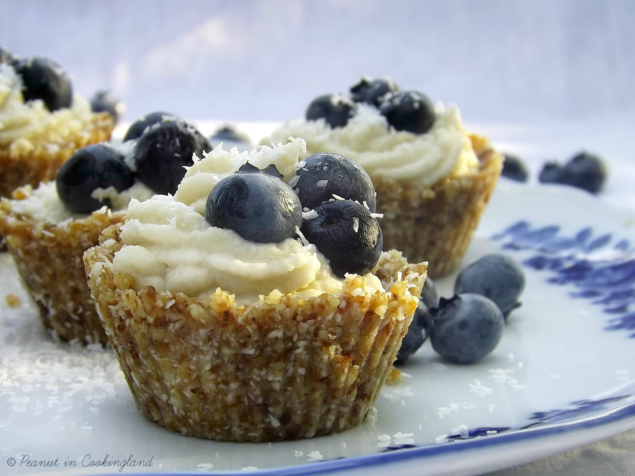 Raw mini tarts with almond whipping cream and blueberries