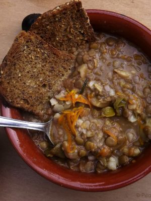 Lentil and chestnut soup with orange zest