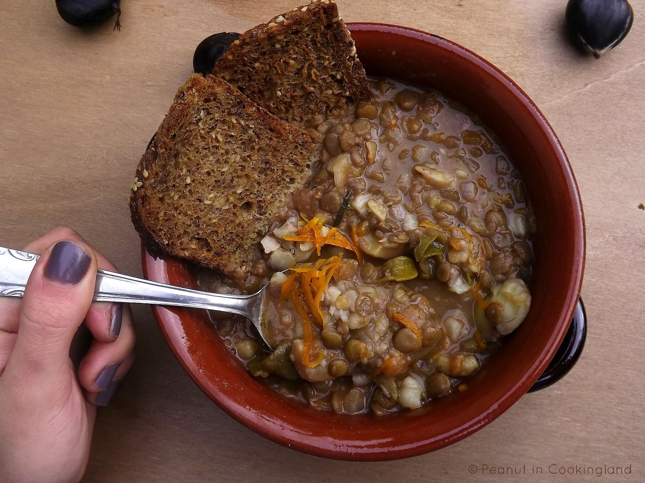 Lentil and chestnut soup with orange zest