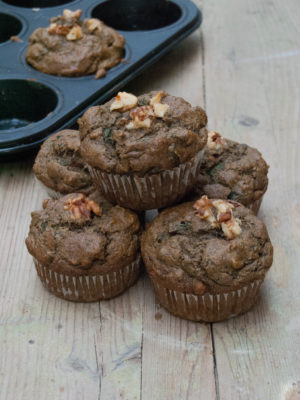 Savoury hemp flour muffins with turnip tops, walnuts and sun-dried tomatoes