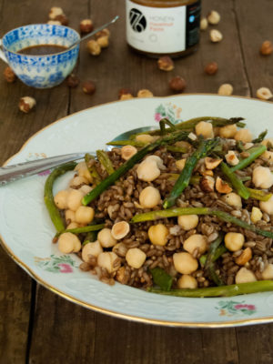 Rye, roasted asparagus and chickpea salad with hazelnut-honey dressing