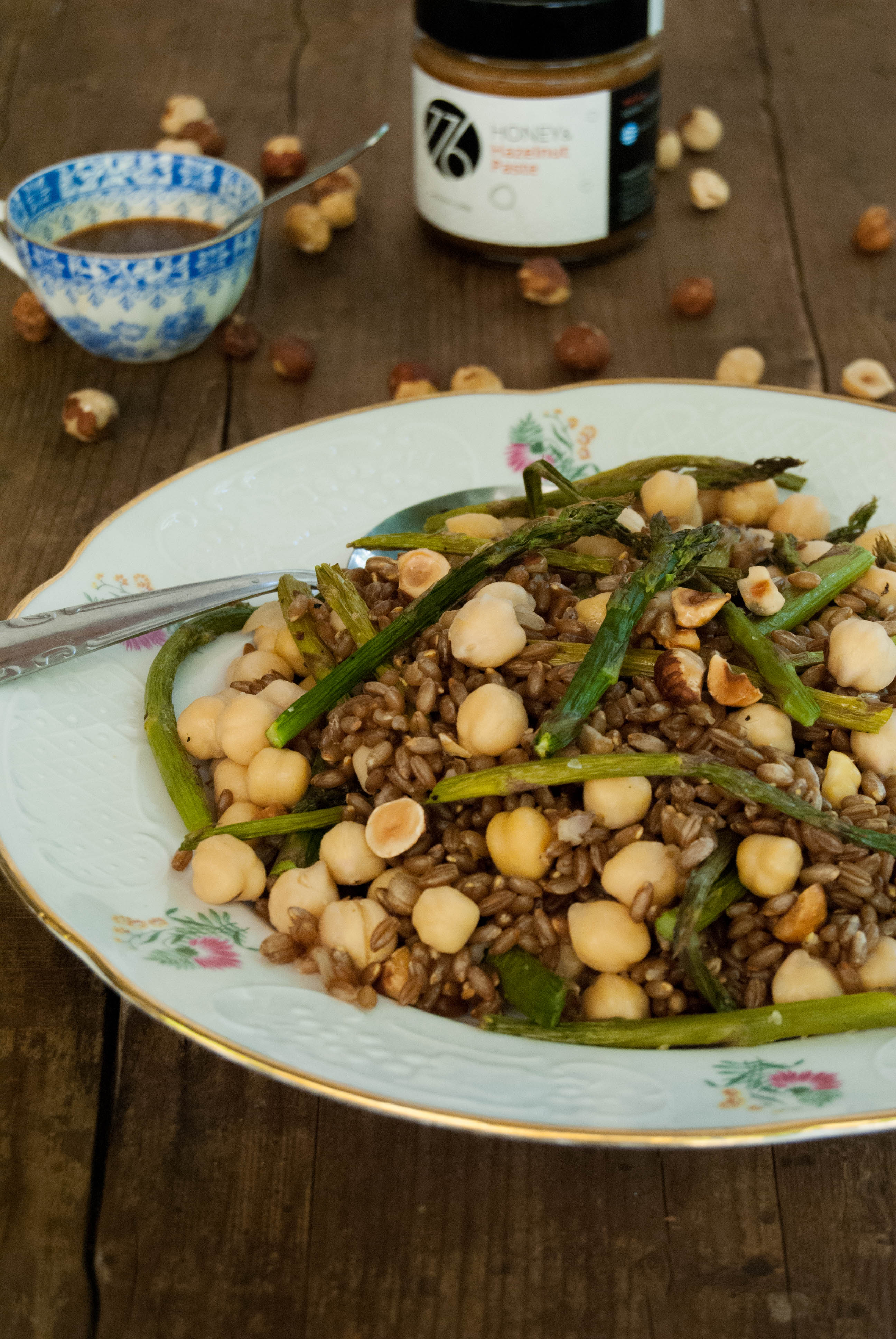 Rye, roasted asparagus and chickpea salad with hazelnut-honey dressing