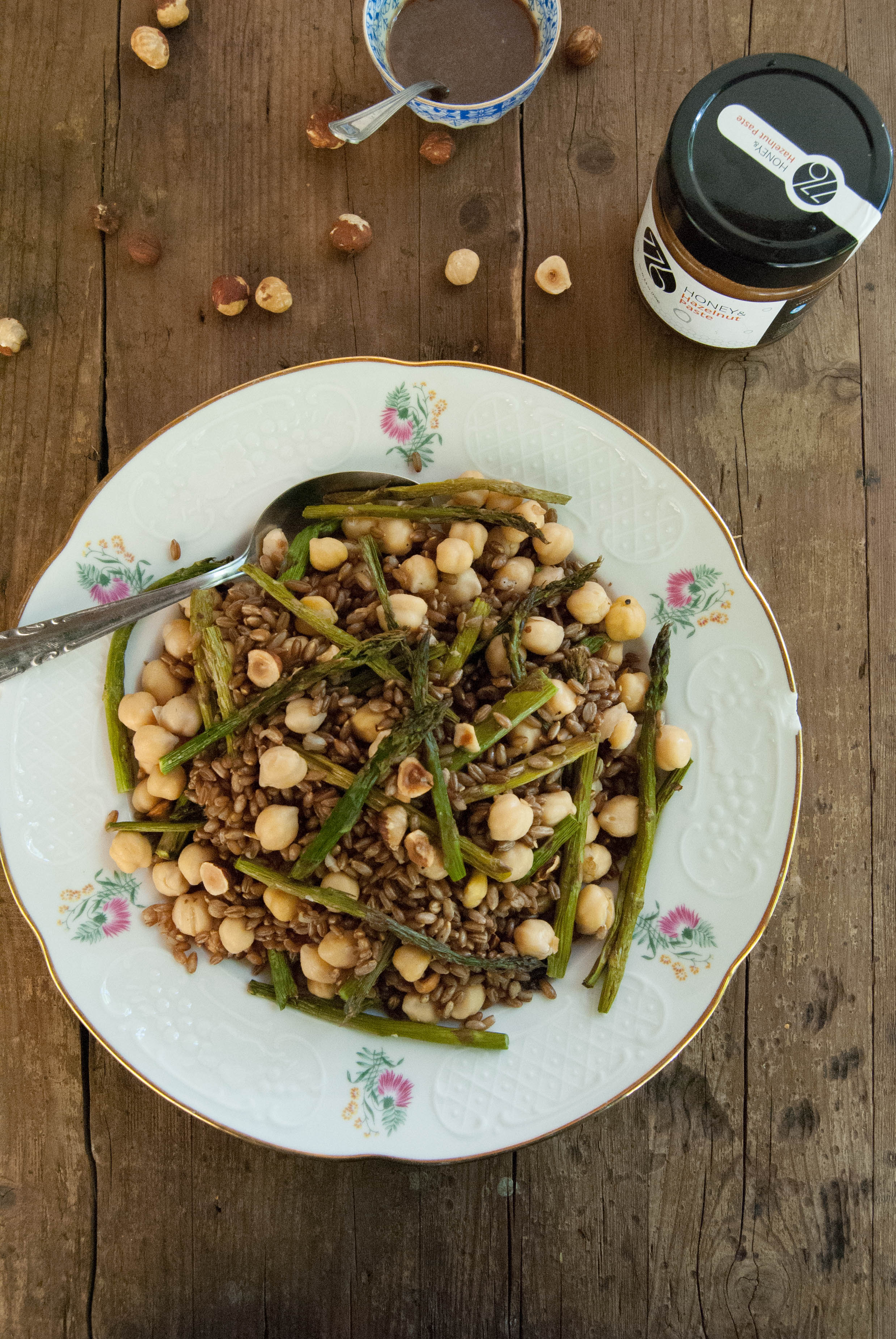Rye, roasted asparagus and chickpea salad with hazelnut-honey dressing