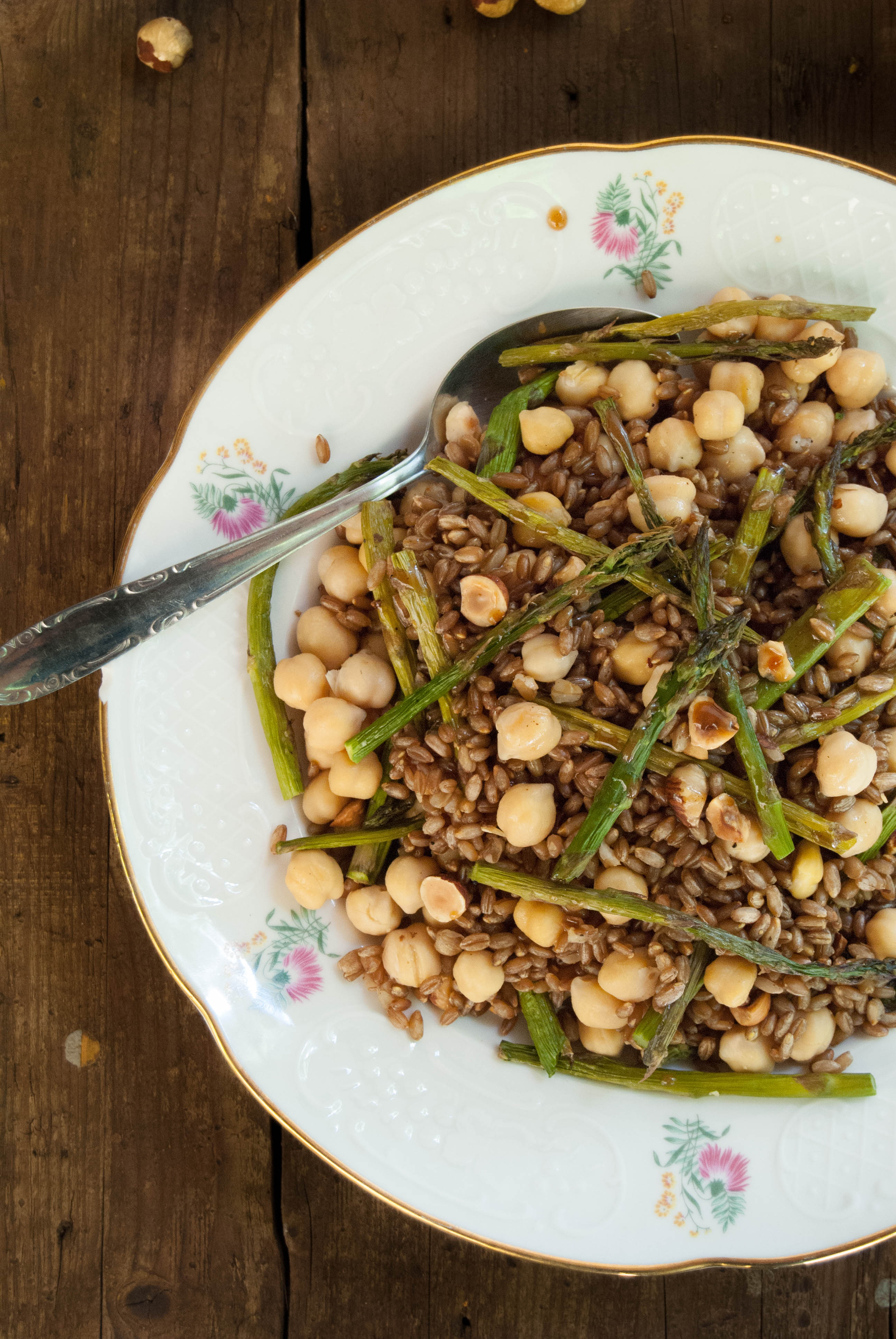 Rye, roasted asparagus and chickpea salad with hazelnut-honey dressing